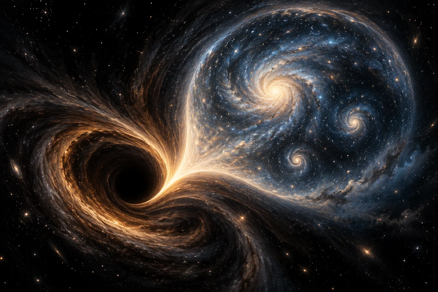 Conceptual illustration of a dark black hole connected to a luminous universe, with galaxies echoing the same spiral at different scales.